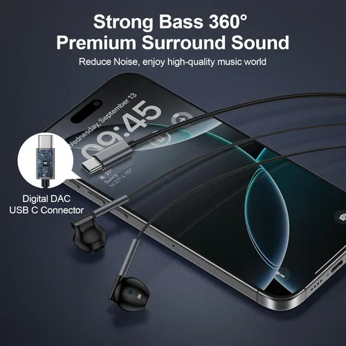 Vista 5 de Auriculares con cable USB C para Samsung Galaxy S26 Ultra/S25 FE/S24/S23/S22/S21/A17/A56/A36, auriculares con cable para iPhone 17/16/15 Pro/Pro
