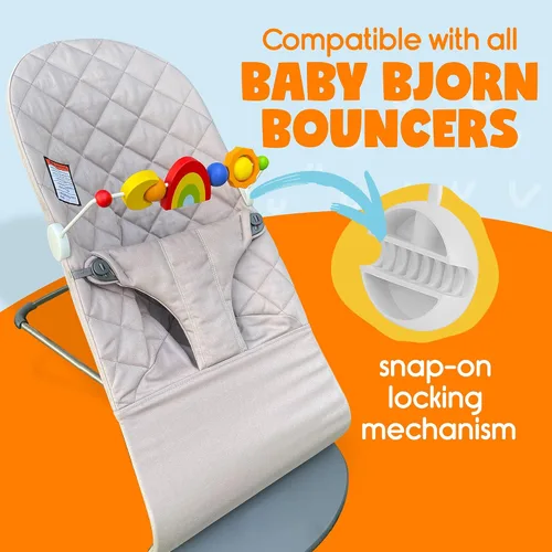 Vista 5 de Durabasics Barra de juguete compatible con Baby Bjorn Bouncer Toy Bar – Atractivas formas coloridas – Toda la madera – Girable – Barra de figuras