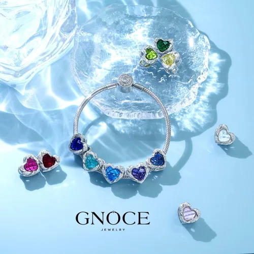 Vista 4 de GNOCE Dijes de piedra natal en forma de corazón para pulsera de plata de ley 925 para cumpleaños, día de la madre, regalo para mujer
