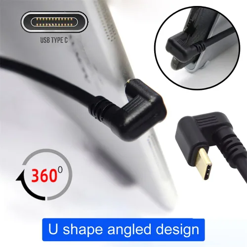 Vista 6 de xiwai USB2.0 Tipo-A a Tipo C USB-C macho a macho Cable de datos de alimentación 480Mbps negro opuesto en forma de U en ángulo trasero