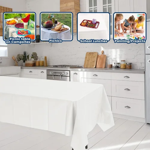 Vista 6 de BULK - Manteles de plástico blanco Paquete de 100 54 x 108 pulgadas Se adapta a mesas plegables y de picnic estándar Plegado, fácil