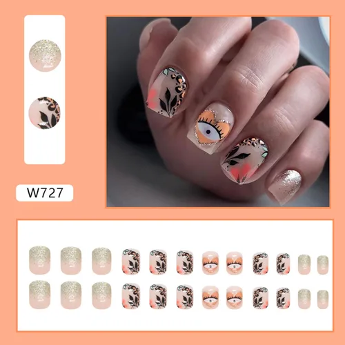 Vista 2 de Uñas postizas a presión degradadas con purpurina de longitud corta, uñas postizas en forma de ataúd con diseño de hojas de corazón, 24 uñas postizas