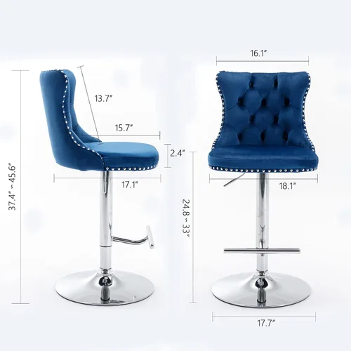 Vista 9 de Taburete de bar giratorio ajustable de altura de mostrador, silla de bar tapizada de terciopelo con base cromada con respaldo acolchonado