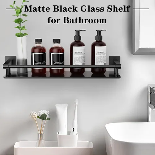 Vista 5 de Estante de vidrio para baño, estantes de baño de 20 pulgadas con toallero, estantes de vidrio templado con toallero de acero inoxidable para estante