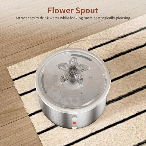 Vista 5 de Fuente de agua para gatos de acero inoxidable, fuente de agua para gatos de 68 onzas / 2.0 L con boquilla de cascada de flores, fuente de agua