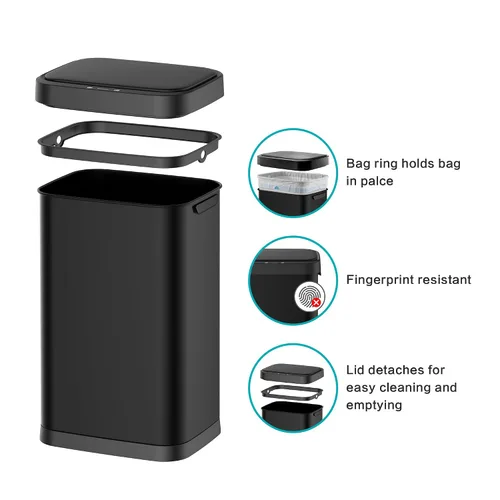 Vista 3 de Cubo de basura de acero inoxidable con sensor sin contacto de 13 galones, diseño rectangular ancho, acabado cepillado, tapa automática para el Negro