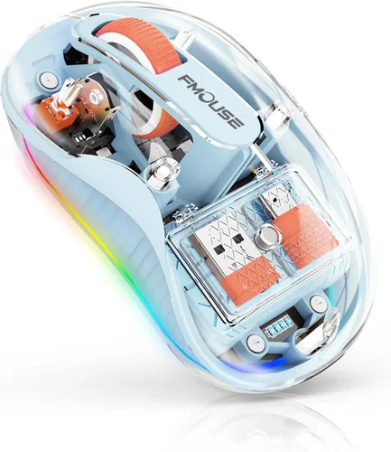 Vista 10 de FMOUSE Ratón Inalámbrico Transparente Novedoso, Tri-Modo (Bluetooth Dual+2.4GHz), Receptor USB-C Ideal para MacBook/Portátiles/PC, Recargable