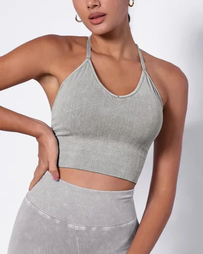 Vista 2 de ODODOS Sujetador deportivo sin costuras con almohadillas extraíbles para mujer, cuello en V, acanalado, Brami de línea larga, top corto