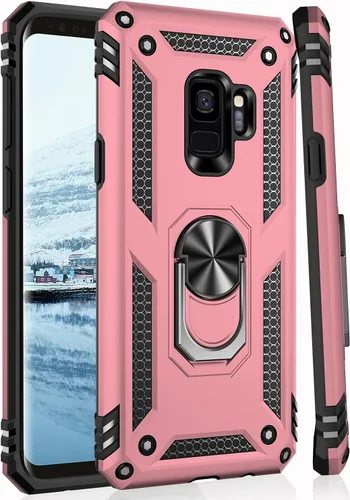Vista 6 de IKAZZ Funda protectora para Galaxy S9, grado militar, a prueba de golpes, resistente, para pasar la prueba de caída de 16 pies con soporte Oro Rosa