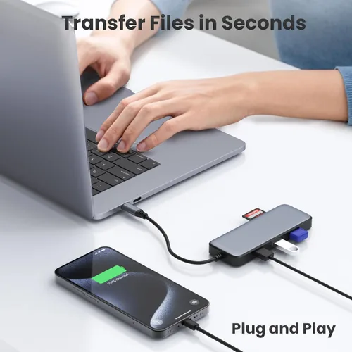 Vista 5 de Hub USB C, Adaptador Multipuerto USB C 8 en 1 con HDMI 4K, 100W PD, 3 Puertos de Datos USB-A, Hub USB Tipo C de Aleación de Aluminio para MacBook