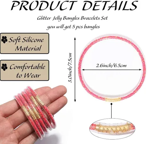 Vista 3 de Sakytal Pulsera de gelatina con purpurina y lazo, juego de pulseras de silicona apilables, con relleno de gelatina brillante para mujeres y niñas