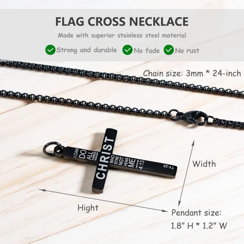 Vista 5 de Wolentty Collar con cruz de bandera estadounidense de acero inoxidable grabado religioso filipenses 413 joyería con colgante para hombre color negro