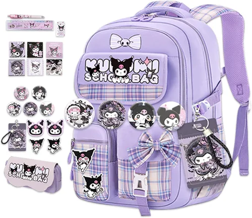 Vista 9 de Roffatide Mochila escolar Kawaii de anime para niñas y niños con 21 accesorios de dibujos animados para estudiantes estéticos para el nuevo