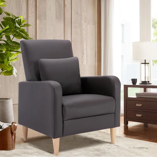 Vista 8 de COLAMY Silla decorativa moderna Mid-Century tapizada de tela con almohada trasera y patas de madera maciza, cómodo sillón para sala de estar Beige