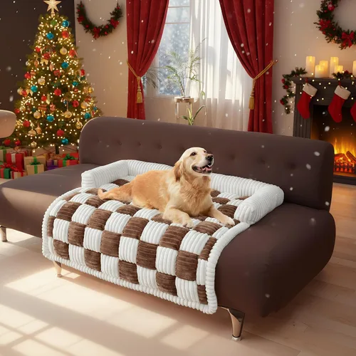 Vista 10 de LiveGo Fundas mullidas para sofá para mascotas, funda de sofá mullida, funda de sofá mullida color crema, cuadrada, a cuadros, alfombra de felpa