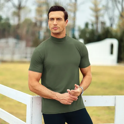 Vista 3 de Men's T Shirt Short Sleeve Basic Mock Turtleneck Tops Verde militar