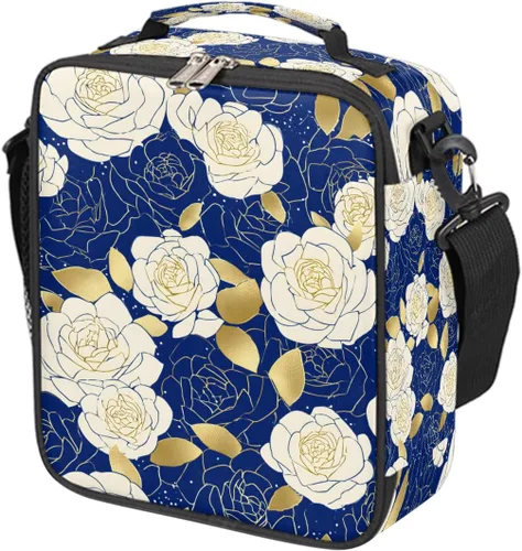 Vista 26 de Pardick Divertida bolsa de almuerzo aislada con calavera de fuego para adolescentes y niños, lonchera portátil reutilizable con correa