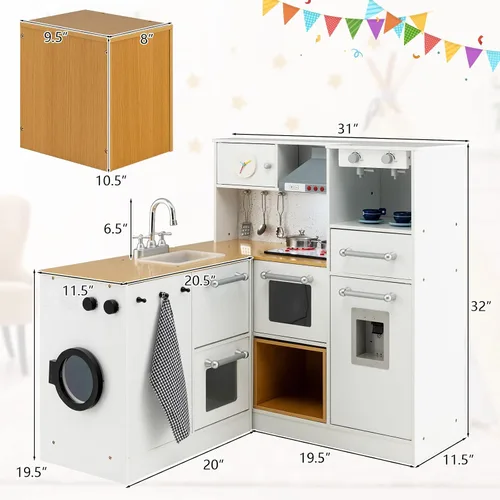 Vista 6 de GLACER Juego de cocina de madera para niños, cocina de juego de simulación de 2 piezas con luces y sonidos realistas, lavadora, dispensador de agua