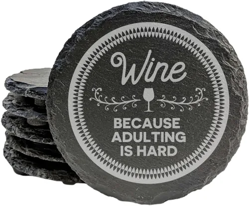 Vista 41 de Rustic Drinking Wine is My Hobby Slate Coasters Set of 8 – Round – USA Made Witty wine lover’s motto engraved on real slate coasters — “drinking