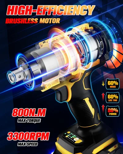 Vista 2 de Urjoai Llave de impacto inalámbrica - 590 pies-libra (800N.m) sin escobillas de 1/2 pulgada, pistola de impacto de alto par de 3300 RPM, 2