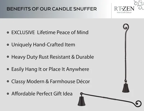 Vista 2 de RTZEN Campana de velas antigua - Apagador de velas decorativo artesanal de hierro forjado rústico con mango largo - Único accesorio de decoración