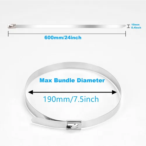 Vista 3 de Bridas de metal de 24 pulgadas, bridas de acero inoxidable largas, correas de bloqueo automático resistentes de 500 libras, bridas de cables