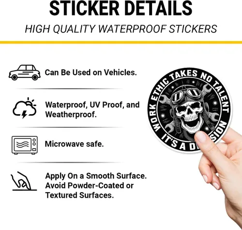 Vista 4 de 3 Pcs Work Ethic Takes No Talent It’s a Decision Stickers, Skull Mechanic Vinyl Decals with Wrenches, Motivational Garage Stickers for Laptops