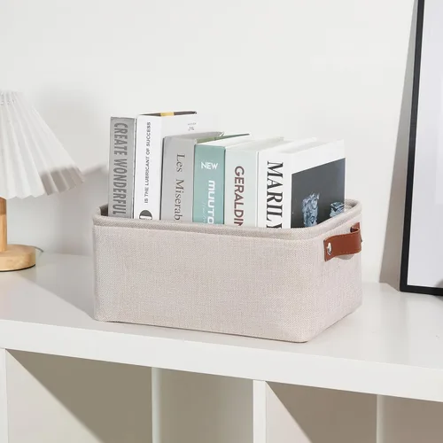 Vista 3 de DULLEMELO Cesta de almacenamiento pequeña para estantes, pequeña cesta plegable de tela rectangular para estantes, armarios, guardería, hogar Beige