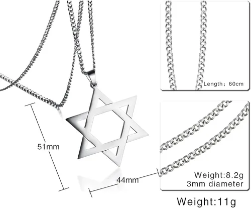 Vista 2 de Collar con colgante de hexagrama de la estrella de David de acero inoxidable con símbolo religioso judío para hombre