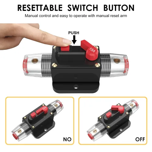 Vista 5 de Interruptor de disyuntor de 15 A, fusible impermeable, portafusible en línea, fusible reiniciable, reinicio manual, 12 V-48 V CC para sistema