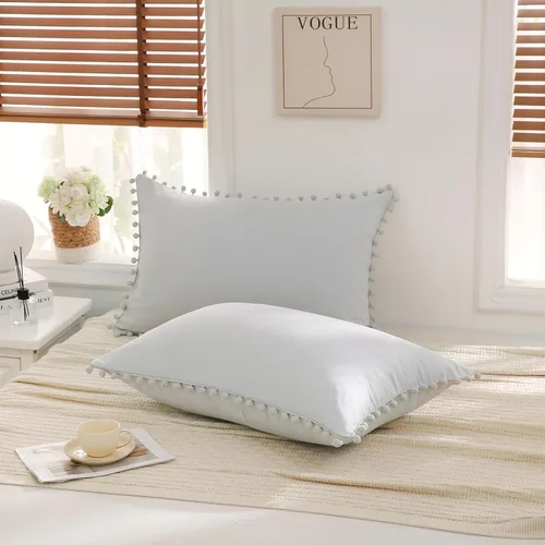 Vista 36 de Juego de 2 fundas de almohada con pompones color verde aguacate, tamaño Queen estándar, 100% microfibra lavada, funda de almohada con flecos de bola