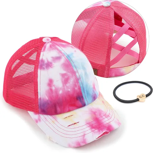 Vista 73 de C.C Gorra de béisbol de malla con diseño de estrella brillante, gorra de camionero ajustable para moño o cola de caballo Una banda elástica-negro