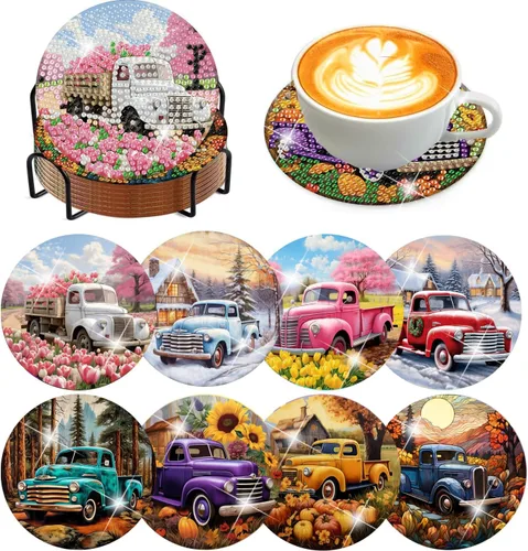 Vista 40 de Meothan Juego de 8 posavasos de arte de diamante para adultos con soporte, almohadillas de corcho, posavasos de arte de puntos de diamante de vidrio