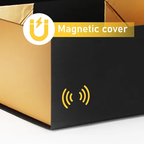 Vista 4 de Ditwis Caja de regalo de 12x9x4 pulgadas con tapa de cierre magnético, caja magnética negra y dorada para boda, propuesta de padrinos y damas