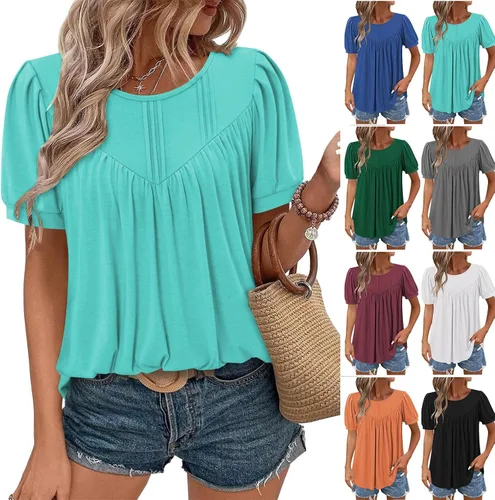 Vista 8 de Blusas para mujer, elegantes, casuales, de verano, de manga corta, plisadas, holgadas, suaves, cómodas, de moda a01 blanco