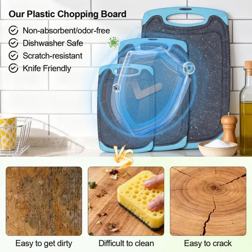 Vista 5 de Tabla de cortar de plástico, 3 tablas de cortar aptas para lavavajillas con ranuras para jugo, mango de fácil agarre, antideslizante, con área