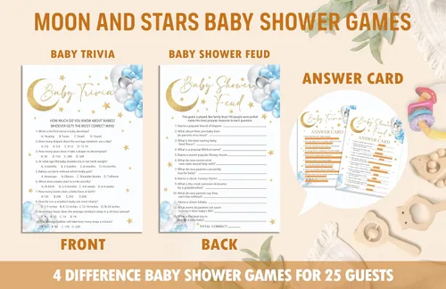 Vista 2 de Moon Stars - Juego de juegos para baby shower, 4 juegos que incluye trivias, peleas de baby shower, predicciones y consejos, encuentra quién mamá