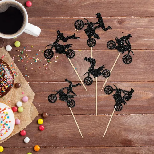Vista 4 de Gyufise 24 piezas de adornos para cupcakes de motocicleta con purpurina negra para motocross, fiesta de motocross, para deportes, tema de motocross