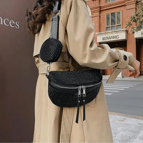 Vista 5 de RARITYUS Riñonera cruzada con diamantes de imitación brillantes para mujer, riñonera pequeña con cinturón, para fiesta o club, Negro, talla única