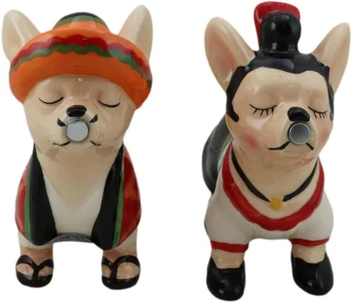 Vista 6 de Ebros Chi Chi Chi Kissing Mexicano Chihuahua Mascota Perro con sombrero y serape pareja salero y pimentero Set de figuras de cerámica para fiesta