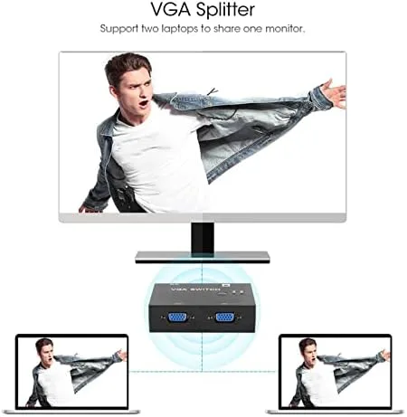 Vista 4 de Caja de conmutación automática VGA de 2 puertos, accesorio de computadora con divisor VGA, 2 entradas, salida 2 puertos 2 en 1, accesorios