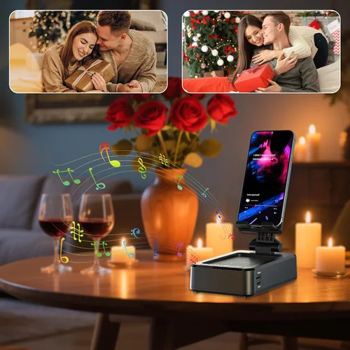 Vista 8 de Soporte para teléfono celular con altavoz Bluetooth inalámbrico y carga, base antideslizante con sonido envolvente HD, perfecto
