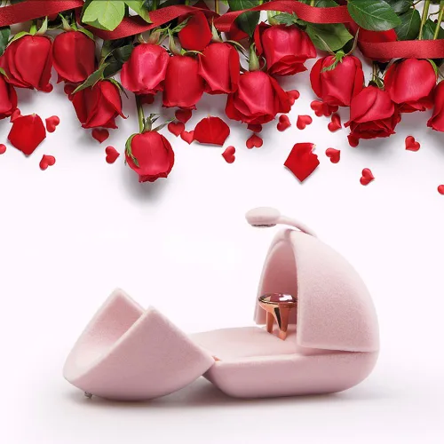 Vista 4 de Oirlv Caja de anillo de terciopelo rosa para propuesta, compromiso, caja de regalo de anillo lindo de boda
