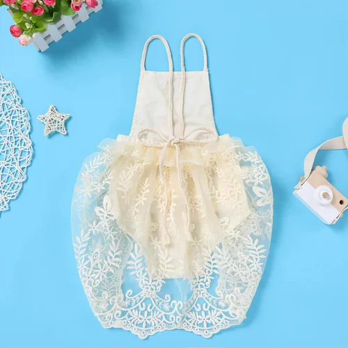 Vista 3 de Traje de primer cumpleaños para niña con volantes manga corta encaje floral vestido de tul diadema de corona sesión de fotos