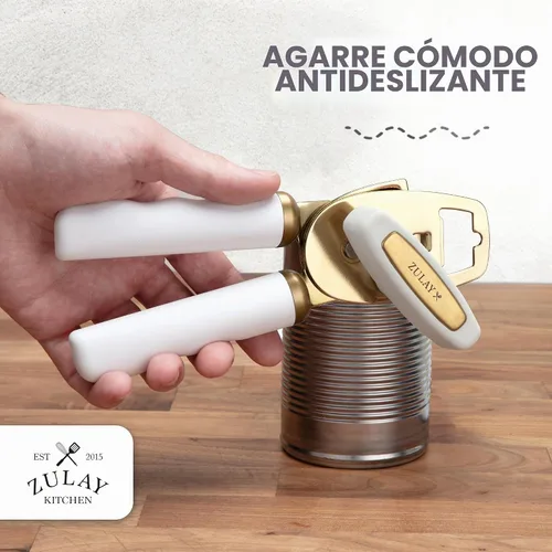 Vista 5 de Zulay Kitchen Abrelatas manual de acero inoxidable resistente con abridor de botellas, abrelatas manual a prueba de óxido con perilla giratoria