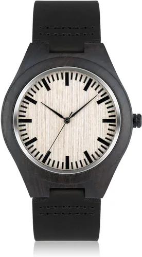 Vista 2 de LEFTLY Reloj de madera para hombre, hecho a mano, ligero, analógico, de madera, con correa de cuero, Negro -, Casual