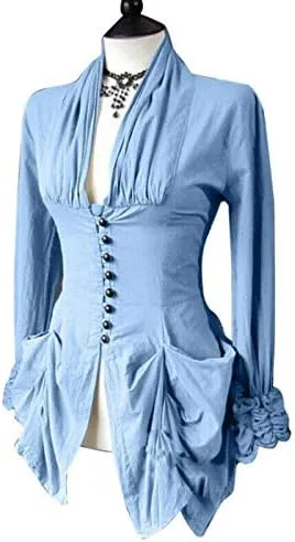 Vista 3 de SHOPESSA Blusa gótica renacentista para mujer con corsé, manga abombada, camisas victorianas steampunk irregulares para disfraz de Halloween