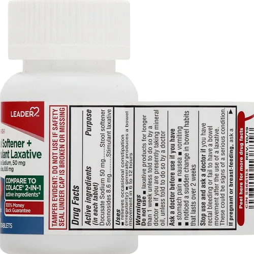 Vista 7 de Suavizante de heces y laxante estimulante 2 en 1 Leader, docusato sódico 50 mg, sennosidos 8.6 mg, alivio ocasional suave del estreñimiento