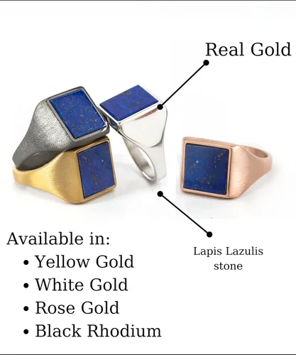 Vista 7 de Anillo cuadrado de sello de lapislázulis, joyería azul del lapislázuli, Oro, Lapislázuli