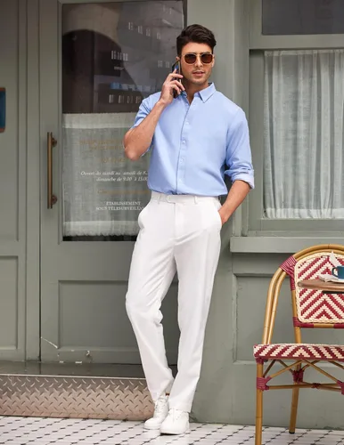 Vista 3 de COOFANDY Pantalones de vestir con frente plano de ajuste clásico para hombre, sin planchado, pantalones casuales de primera calidad, pantalones